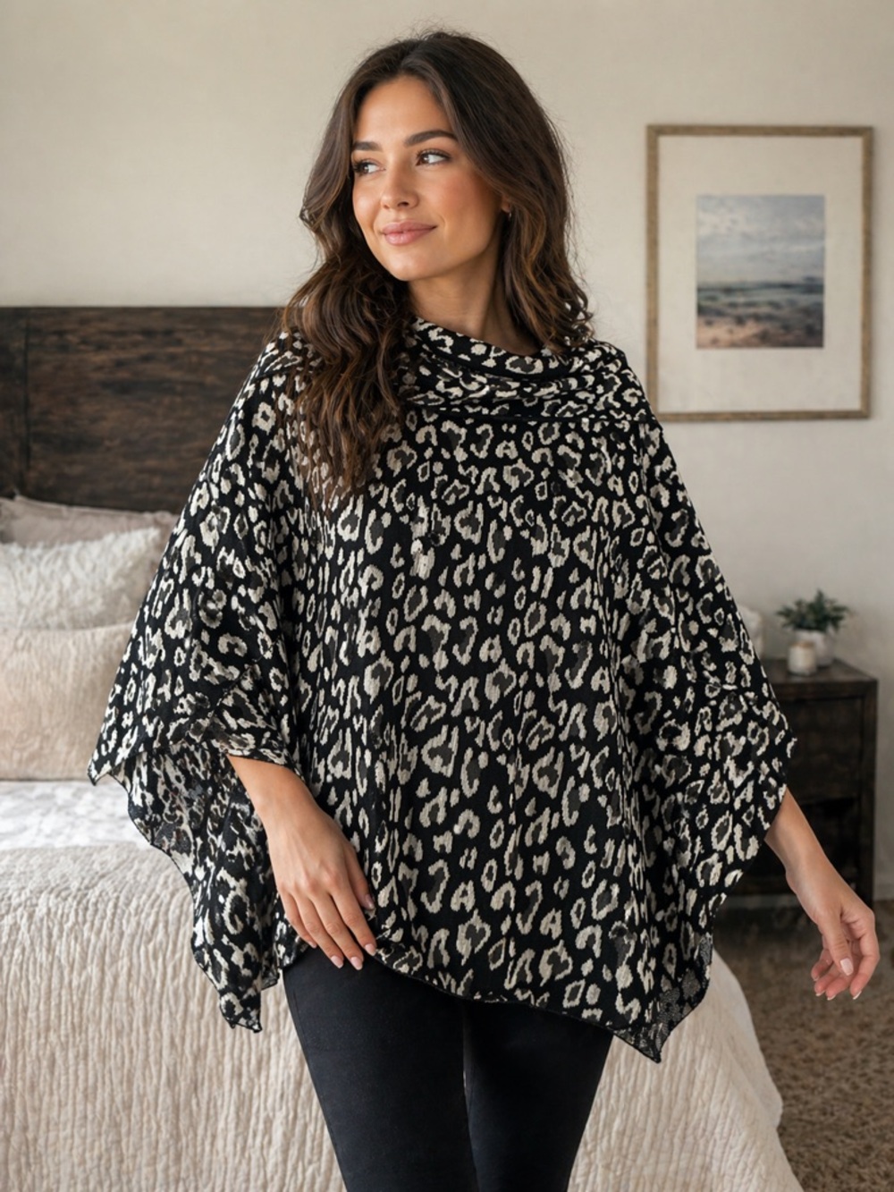 Fever Leopard Print Turtleneck Pancho